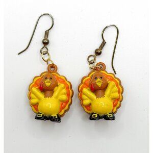 Vintage Russ Plastic Thanksgiving Strutting Turkey Dangle Drop Pierced Earrings